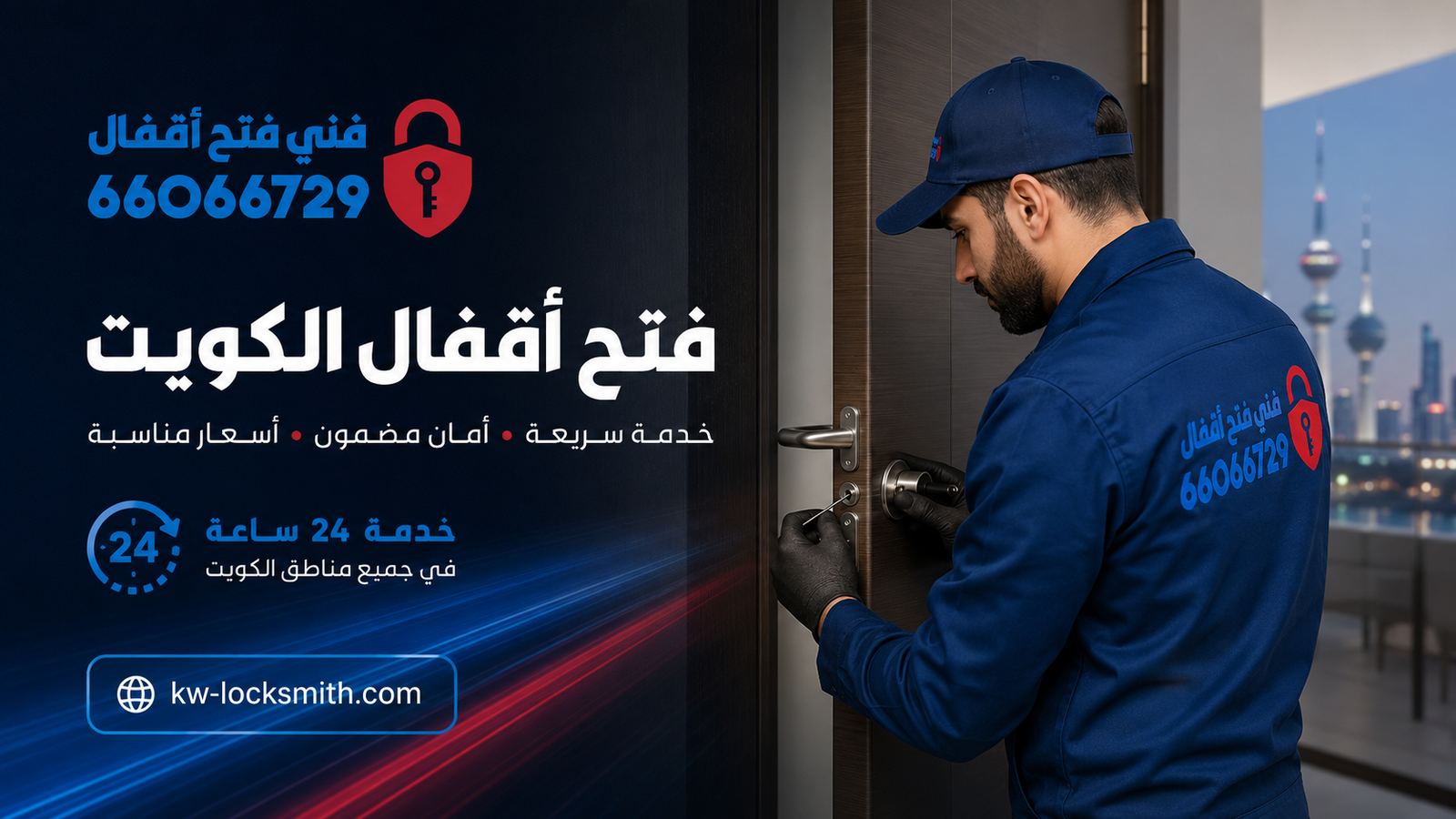 فني أقفال يفتح باباً باستخدام أدوات متخصصة